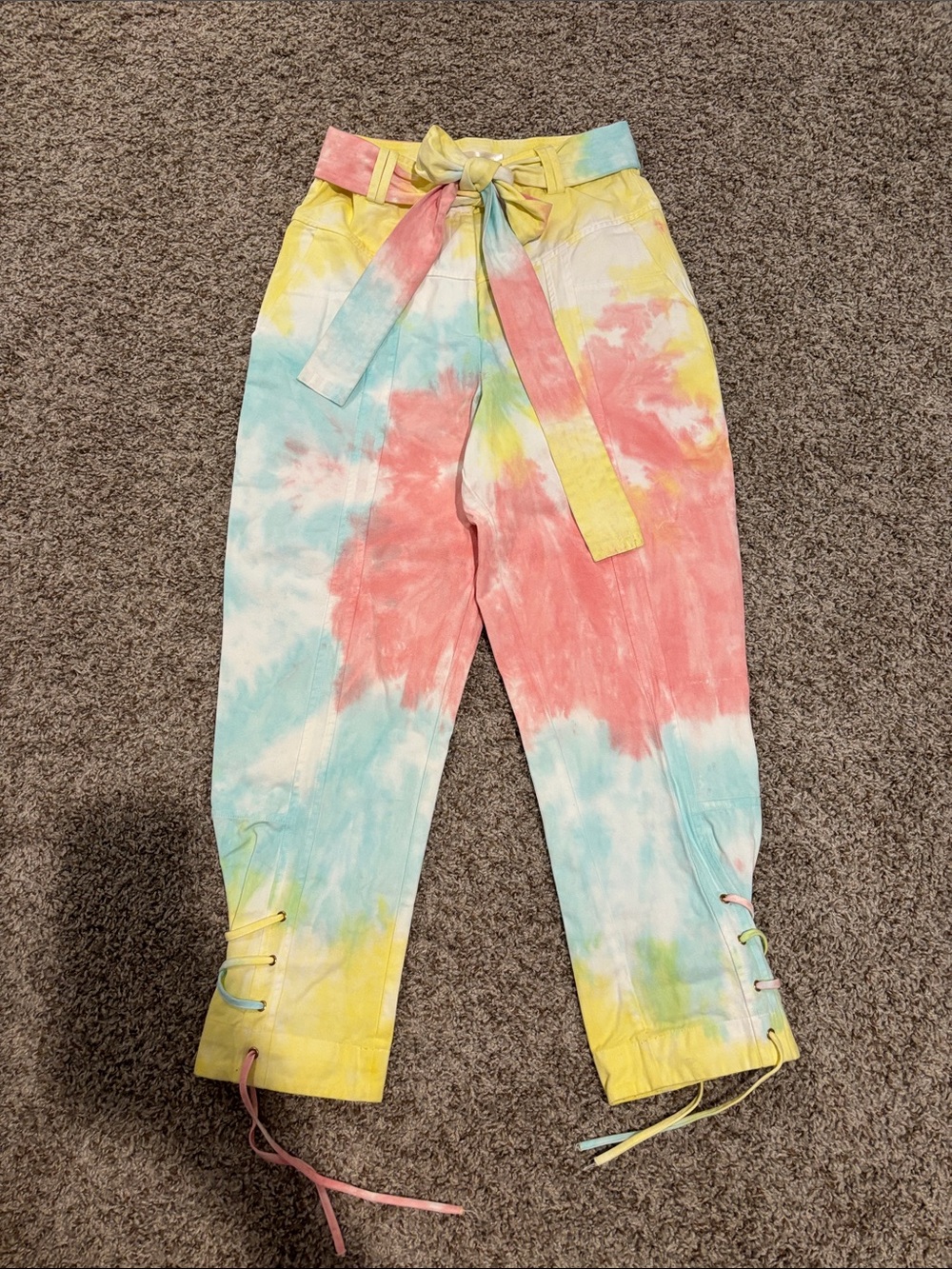 LoveShackFancy Tie-Dye Paperbag Waist Jeans in Coral, Aqua and Yellow